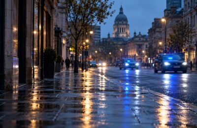 Утренняя улица британского города с отблесками экстренных огней вдали; иллюстрация
