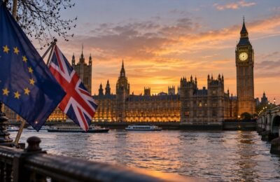 Здание парламента Великобритании и флаги ЕС и страны; иллюстрация